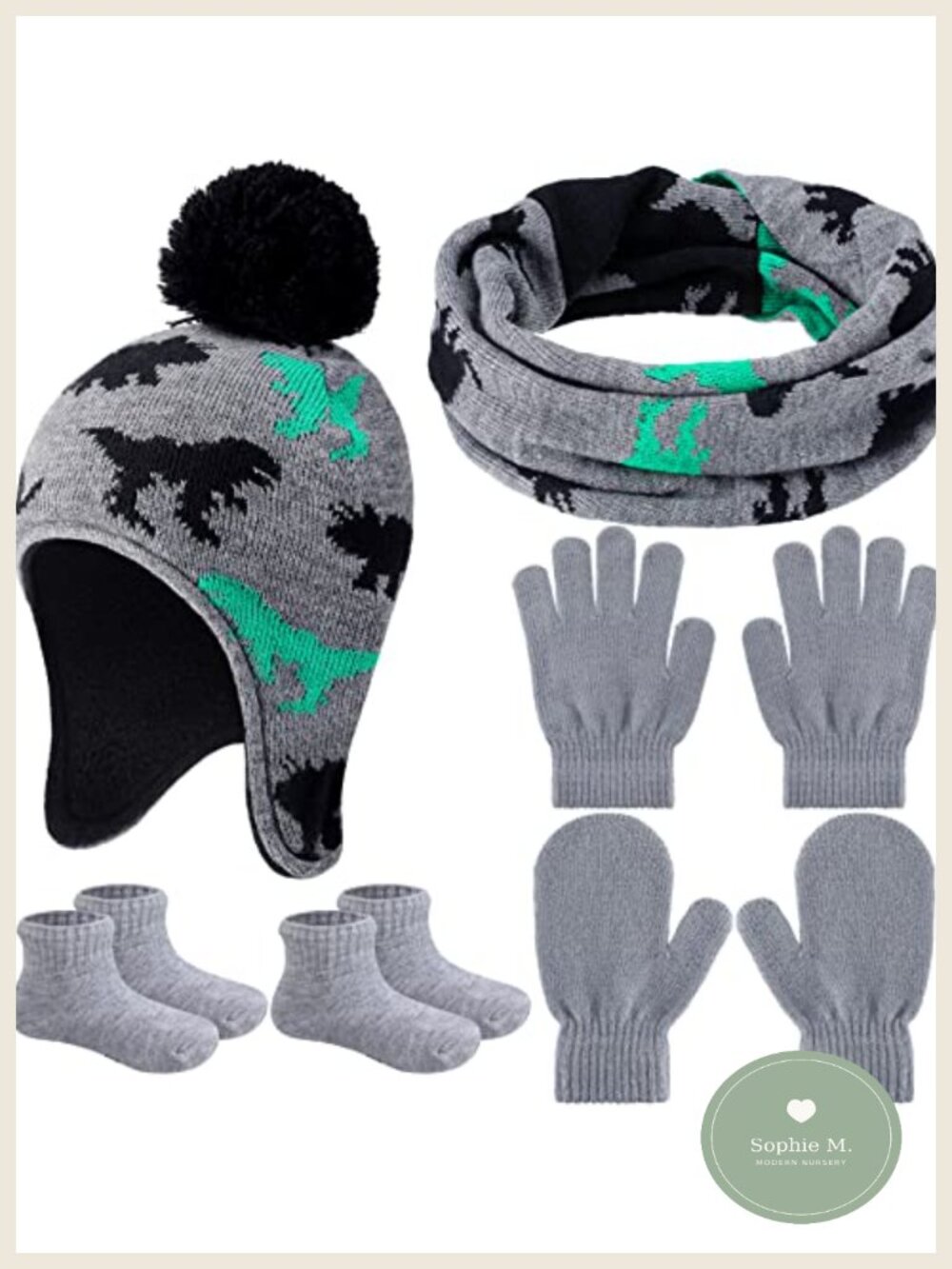 Toddler Winter Hat Scarf Gloves Mittens Socks Set 6 Pc Dinosaur Acrylic Fleece